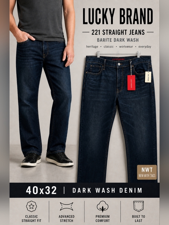 Lucky Brand Other - NWT Lucky Brand 221 Straight Blue Jeans Barite Dark Wash Whiskered 40x32